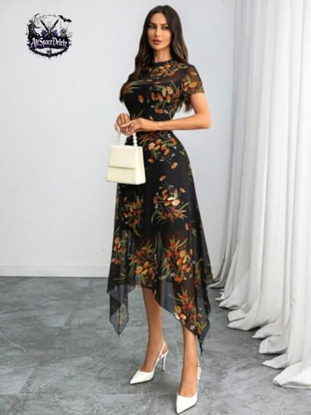 Floral Mesh Midi Dress, Double-Layered, A-Line, Short Sleeve, Gothic Style - Picture 6 of 7